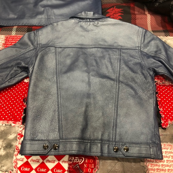 The Leather Ranch metallic blue leather skirt and jean style jacket - Picture 11 of 12